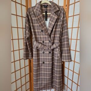 NWT Womens Tahari Checkered Multicolors Below Knee Belted Trench Coat Medium